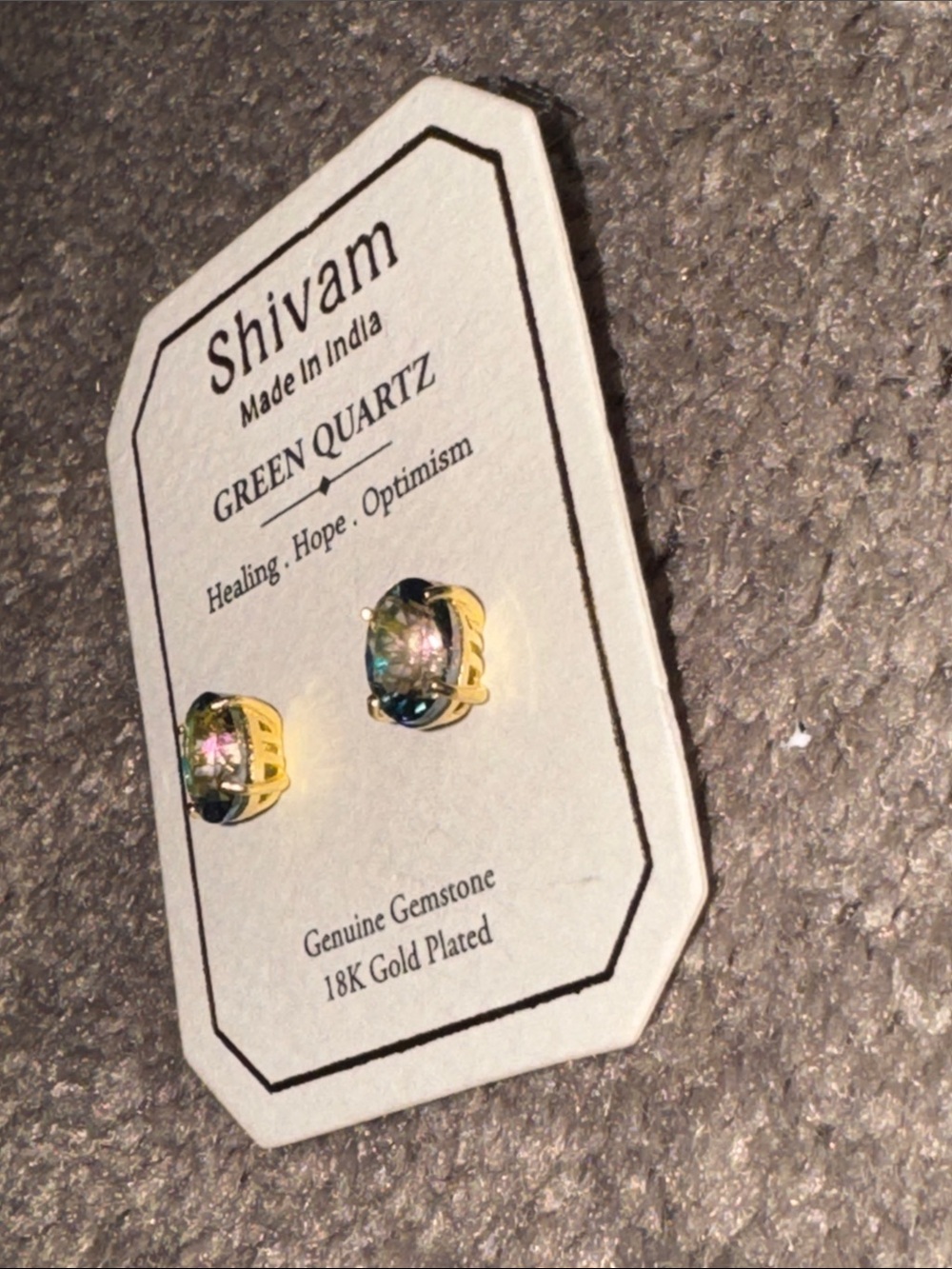 Shivam Green Quartz Gemstone 18K Gold Plated Stud Earrings Made In India - Picture 2 of 5